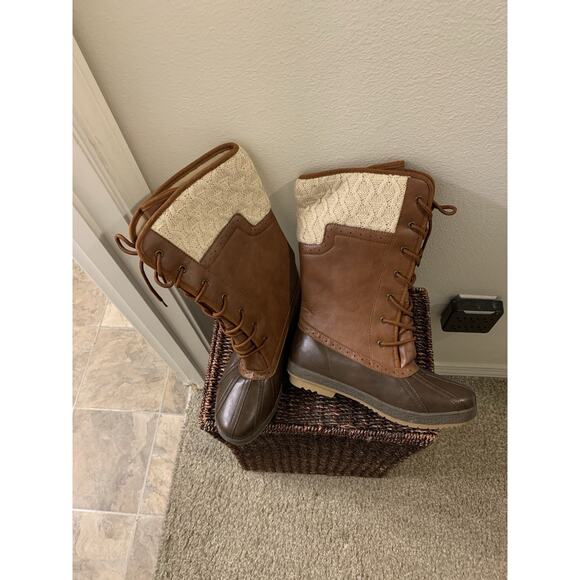 Reila Women's Lace-Up Duck Boots Size 8.5 Brown Faux Leather Knit Upper Rubber - Picture 9 of 9